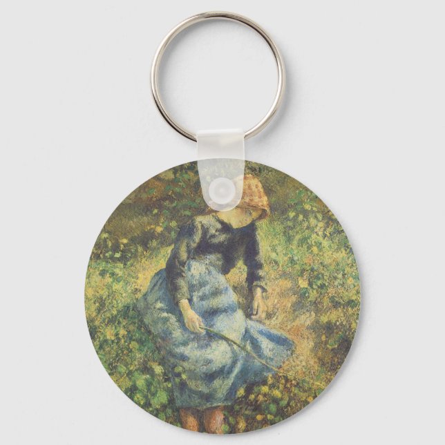 Shepherdess by Camille Pissarro, Vintage Fine Art Keychain (Front)
