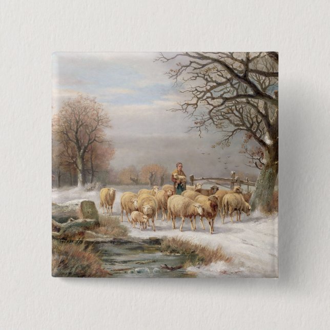 Shepherdess with her Flock in a Winter Landscape ( 2 Inch Square Button (Front)