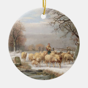 Shepherdess with her Flock in a Winter Landscape ( Ceramic Ornament