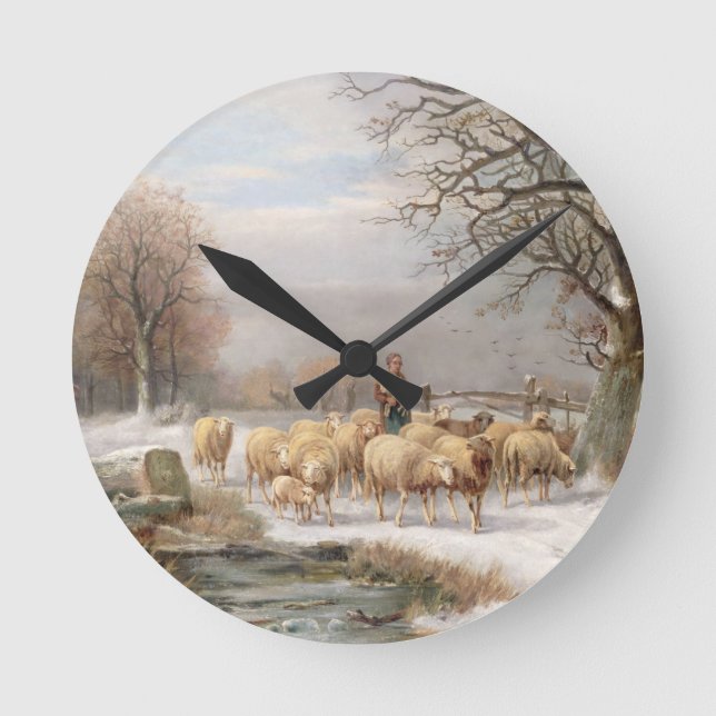 Shepherdess with her Flock in a Winter Landscape ( Round Clock (Front)