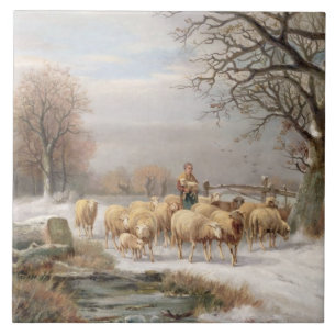 Shepherdess with her Flock in a Winter Landscape ( Tile