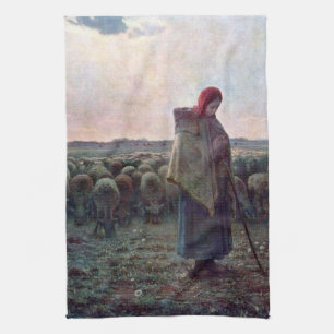 Shepherdess with Her Flock, Jean-Francois Millet Kitchen Towel