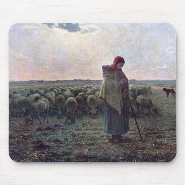 Shepherdess with Her Flock, Jean-Francois Millet Mouse Pad (Front)