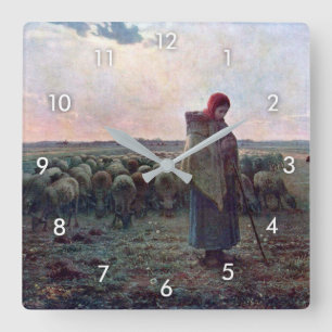 Shepherdess with Her Flock, Jean-Francois Millet Square Wall Clock