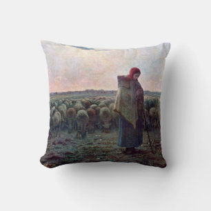 Shepherdess with Her Flock, Jean-Francois Millet Throw Pillow