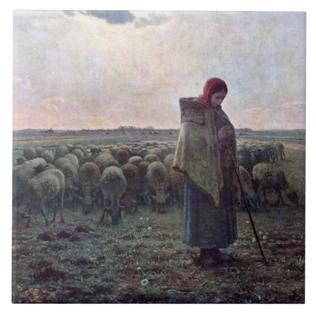 Shepherdess with Her Flock, Jean-Francois Millet Tile (Front)