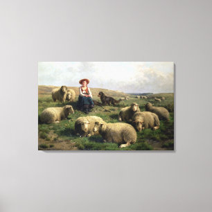 Shepherdess with Sheep in a Landscape Canvas Print