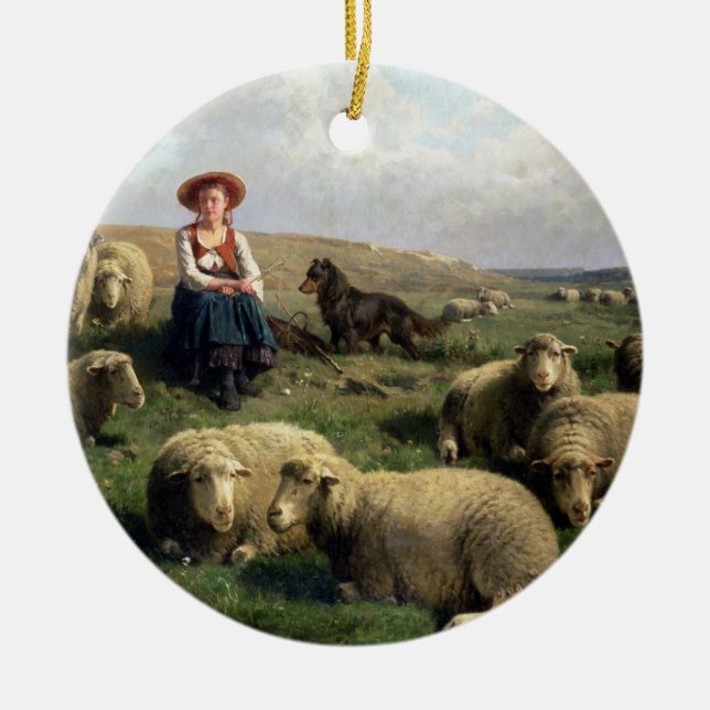 Shepherdess with Sheep in a Landscape Ceramic Ornament (Front)