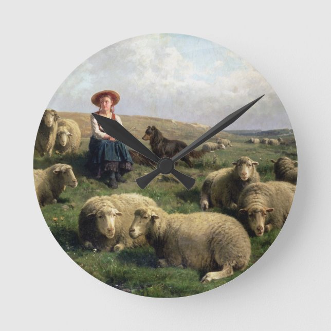Shepherdess with Sheep in a Landscape Round Clock (Front)