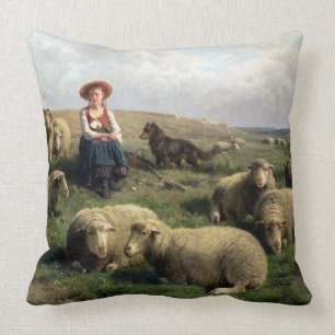 Shepherdess with Sheep in a Landscape Throw Pillow