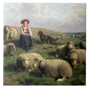 Shepherdess with Sheep in a Landscape Tile