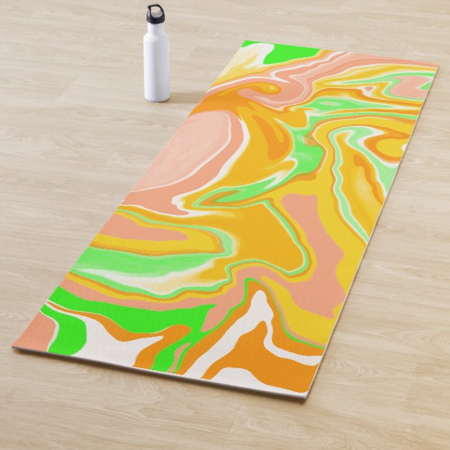Sherbert Colour Coral, Lime Green Marble Yoga Mat (In Situ)