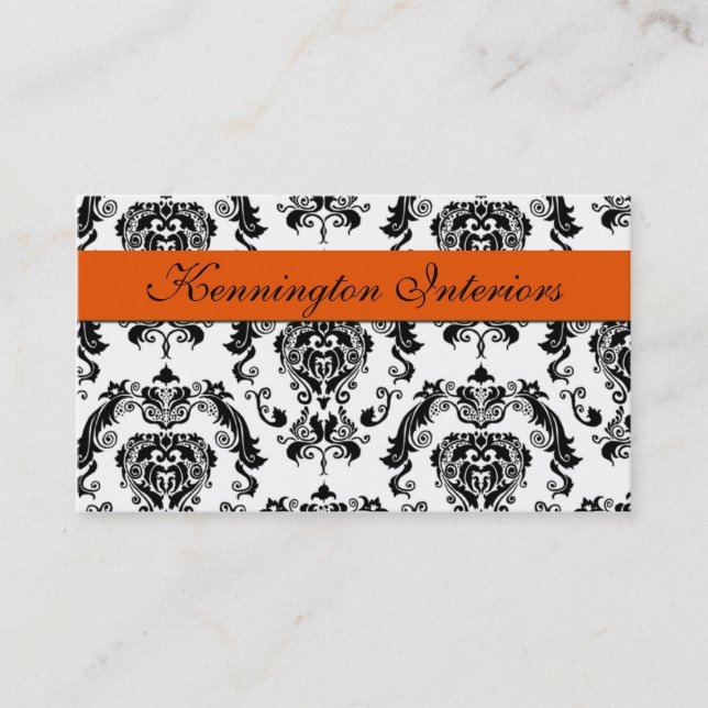 Sherbet Orange Black Damask Lace Business Cards (Front)
