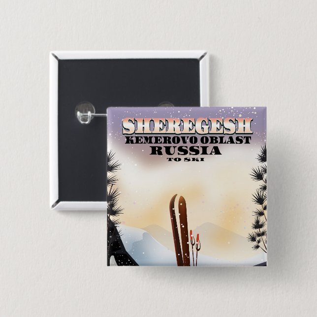 Sheregesh Russia ski travel poster. 2 Inch Square Button (Front & Back)