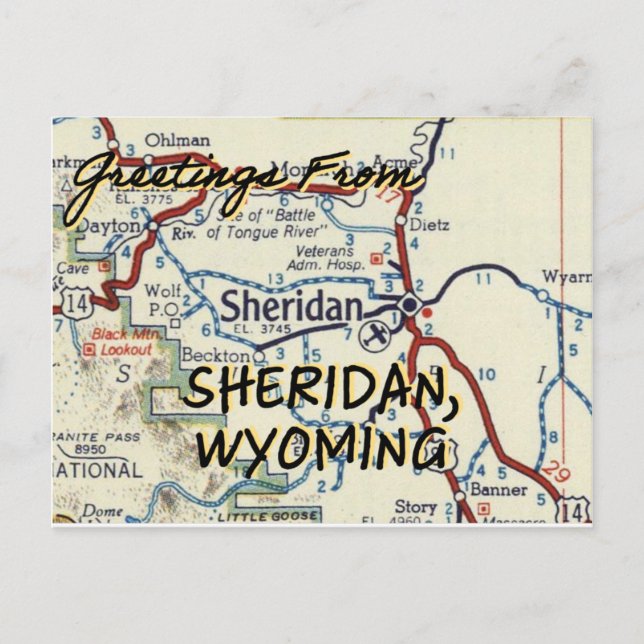 Sheridan WY Vintage Map Postcard (Front)