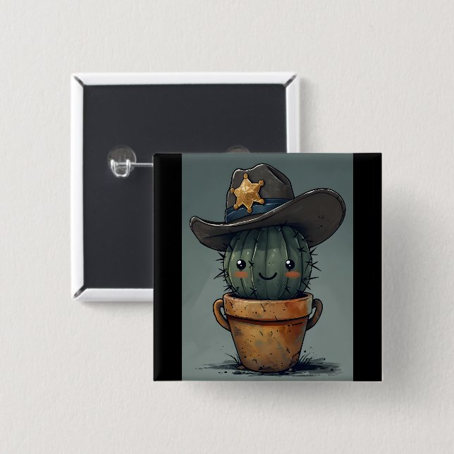 Sheriff Spike-Cactus Character with Background 2 Inch Square Button (Front & Back)