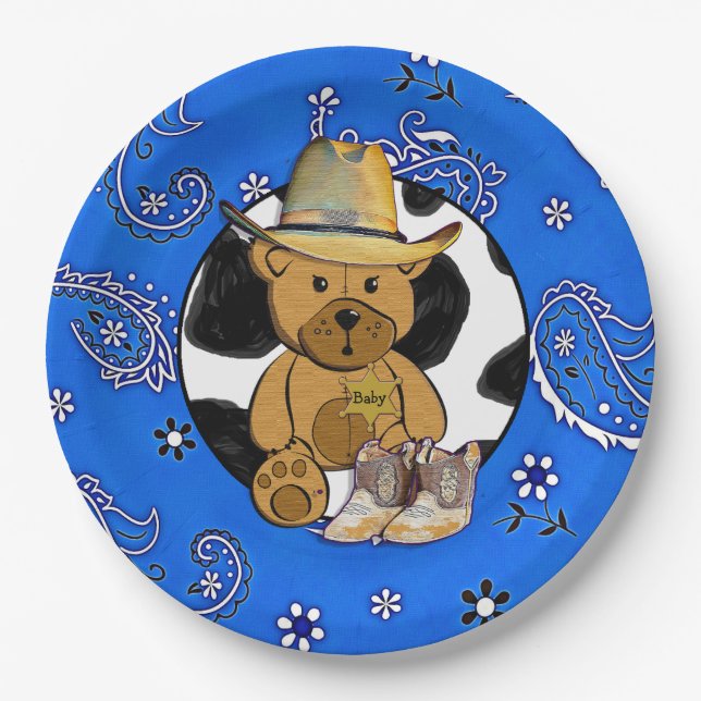 Sheriff Teddy Bear Blue Bandanna Paper Plates (Front)