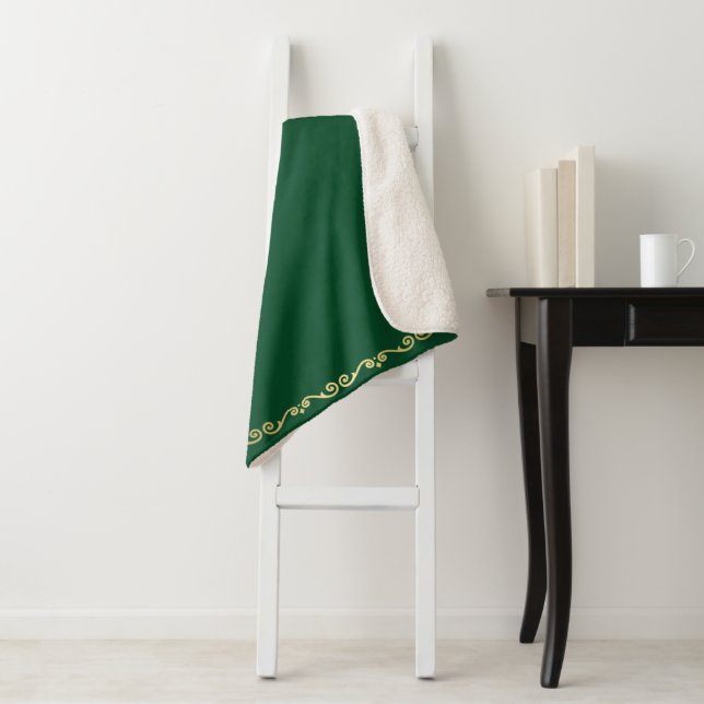 Sherpa Blanket-Emerald Green & Gold Scroll Print Blanket (In Situ)