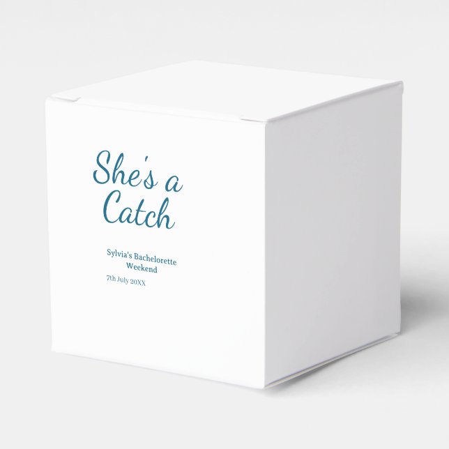 She's a catch bachelorette weekend name blue date  favor box (Front Side)