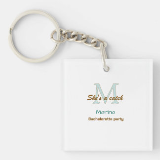 She's a catch blue monogram bachelorette party bro keychain
