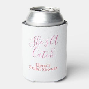 she's a catch bridal shower name date pink purple can cooler
