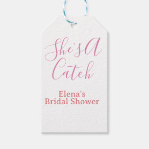 she's a catch bridal shower name date pink purple gift tags