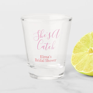 she's a catch bridal shower name date pink purple shot glass