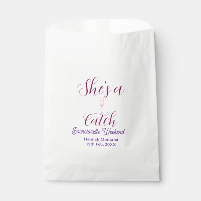 She's a catch champagne bottle bachelorette weeken favour bag (Front)
