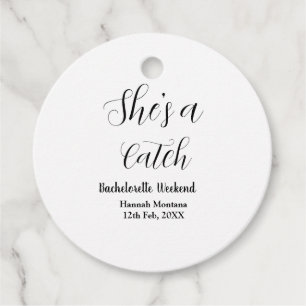She's a catch champagne bottle bachelorette weeken favour tags