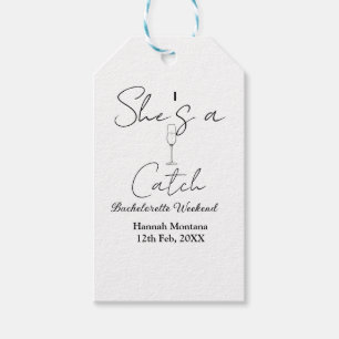 She's a catch champagne bottle bachelorette weeken gift tags
