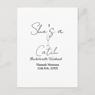 She's a catch champagne bottle bachelorette weeken postcard