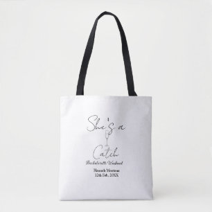 She's a catch champagne bottle bachelorette weeken tote bag