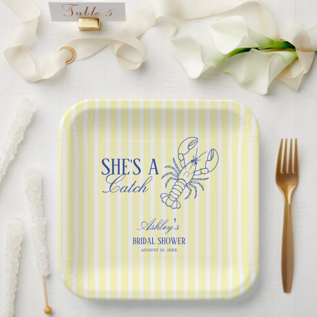 She's A Catch Lobster Coastal Bridal Shower Paper Plate (Wedding)