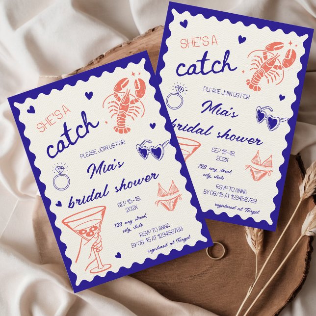 She's a catch Lobster Hand Drawn Bridal Shower Invitation (She's a catch lobster bridal shower invitation hand drawn unique whimsical coastal nautical beach)