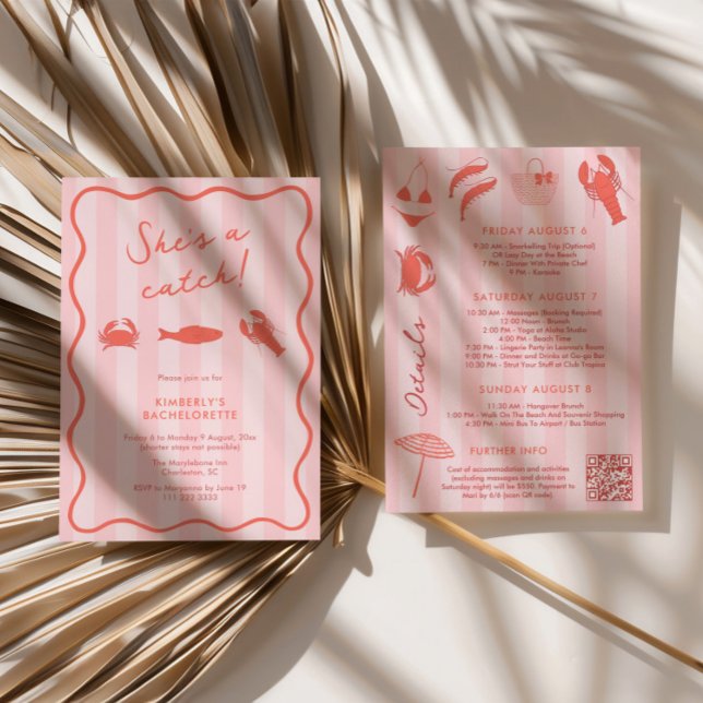 She's A Catch Lobster Pink Orange Bachelorette Invitation (She's a catch pink and orange bachelorette party weekend invitations with hand-drawn illustrations)