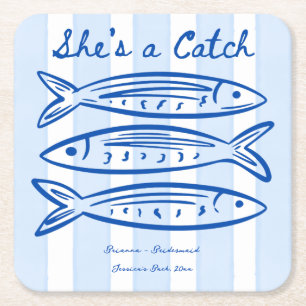 She's a catch sardines bridesmaids gifts custom square paper coaster