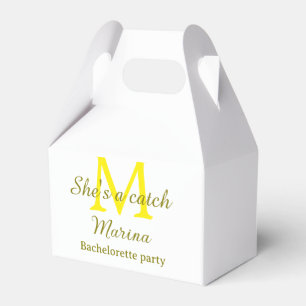 She's a catch yellow monogram bachelorette party n favor box