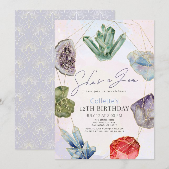 She's a Gem Crystals Gemstone Geology Birthday Invitation (Front/Back)