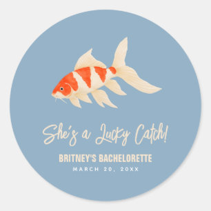 She's A Lucky Catch Koi Fish Blue Bachelorette Classic Round Sticker