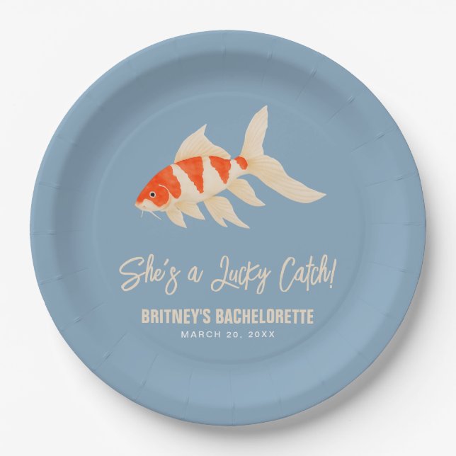 She's A Lucky Catch Koi Fish Blue Bachelorette Paper Plate (Front)