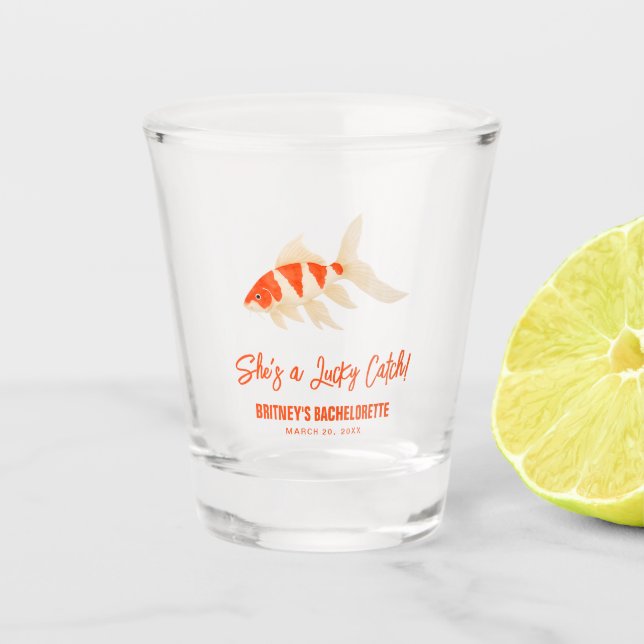 She's A Lucky Catch Koi Fish Blue Bachelorette Shot Glass (Front)