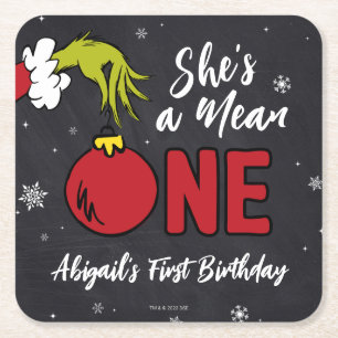She's a Mean One   Grinch Birthday Square Paper Coaster
