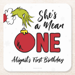 She's a Mean One   Grinch Birthday Square Paper Coaster