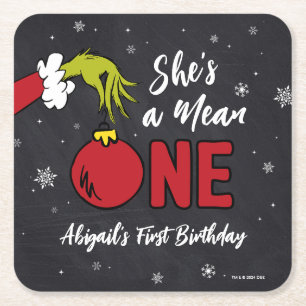 She's a Mean One   Grinch Chalkboard Birthday Square Paper Coaster