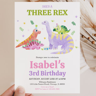 She's a Three rex Trex Dinosaur Birthday Invitation