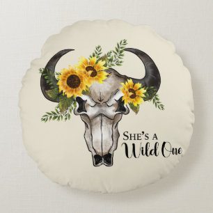 "She's a Wild One" with Skull/Sunflowers Custom Round Pillow