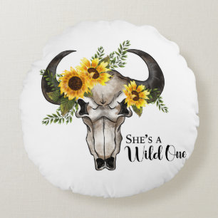 "She's a Wild One" with Skull/Sunflowers Round Pillow