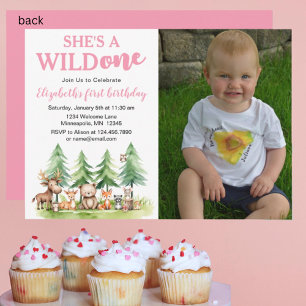 She's a wild one Woodland Animals Photo 1st B-day Invitation