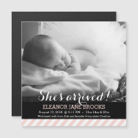 She's Arrived Pink Stripes Baby Announcement