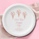 She's Been Scooped Up Bridal Shower Paper Plate<br><div class="desc">This ice cream-themed bridal shower paper plate is decorated with watercolor florals and ice cream cones.
The text says "She's been scooped up!" in stylish pink script typography.
Easily customizable.
Original Watercolor © Michele Davies.</div>